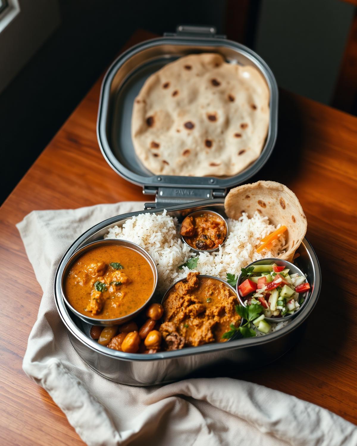 Fresh Indian home-style meal packed in a steel tiffin